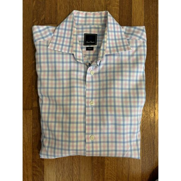 David Donahue Men's Dress Shirt, Size 15.5/32-33, White/blue/pink Plaid - Picture 1 of 4